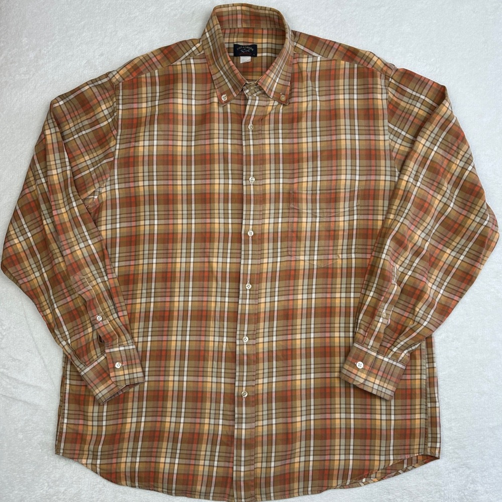 Paul & Shark Yachting Mens XL Plaid Button Down Shirt Brown Orange Made in Italy